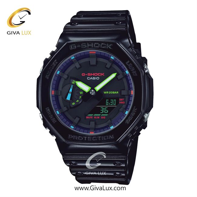 ساعت مچی اورجینال مردانه کاسیو Casio دو زمانه مشکی | مشکی| مشکی| کد رفرنس جی شاک G-Shock GA-2100RGB-1ADR